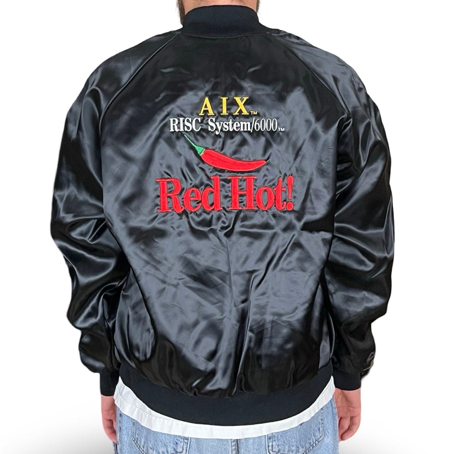 90s VTG AIX RISC SYSTEM RED HOT TECH NYLON CLUB JACKET BLACK USA MADE (XL)