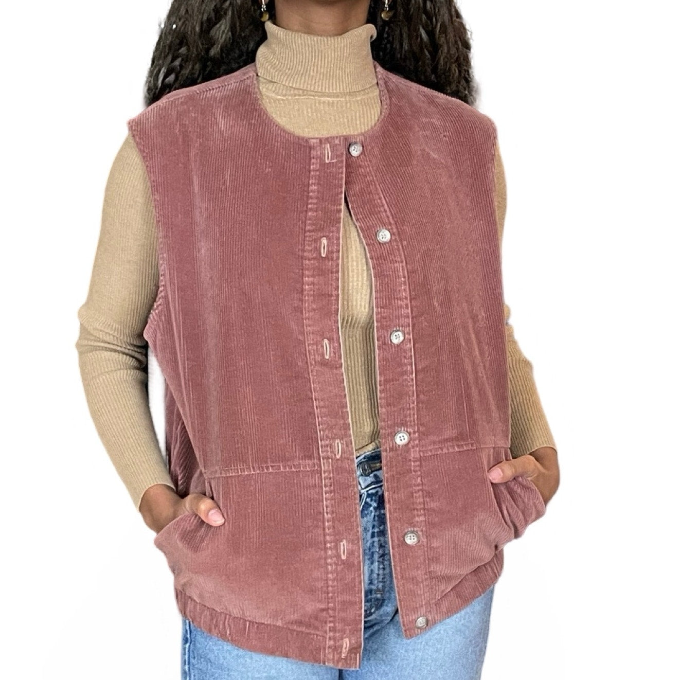 80s VTG RRRRUSS CORDUROY BUTTON-UP VEST JACKET ROSE PINK USA MADE WOMENS  (S/M)