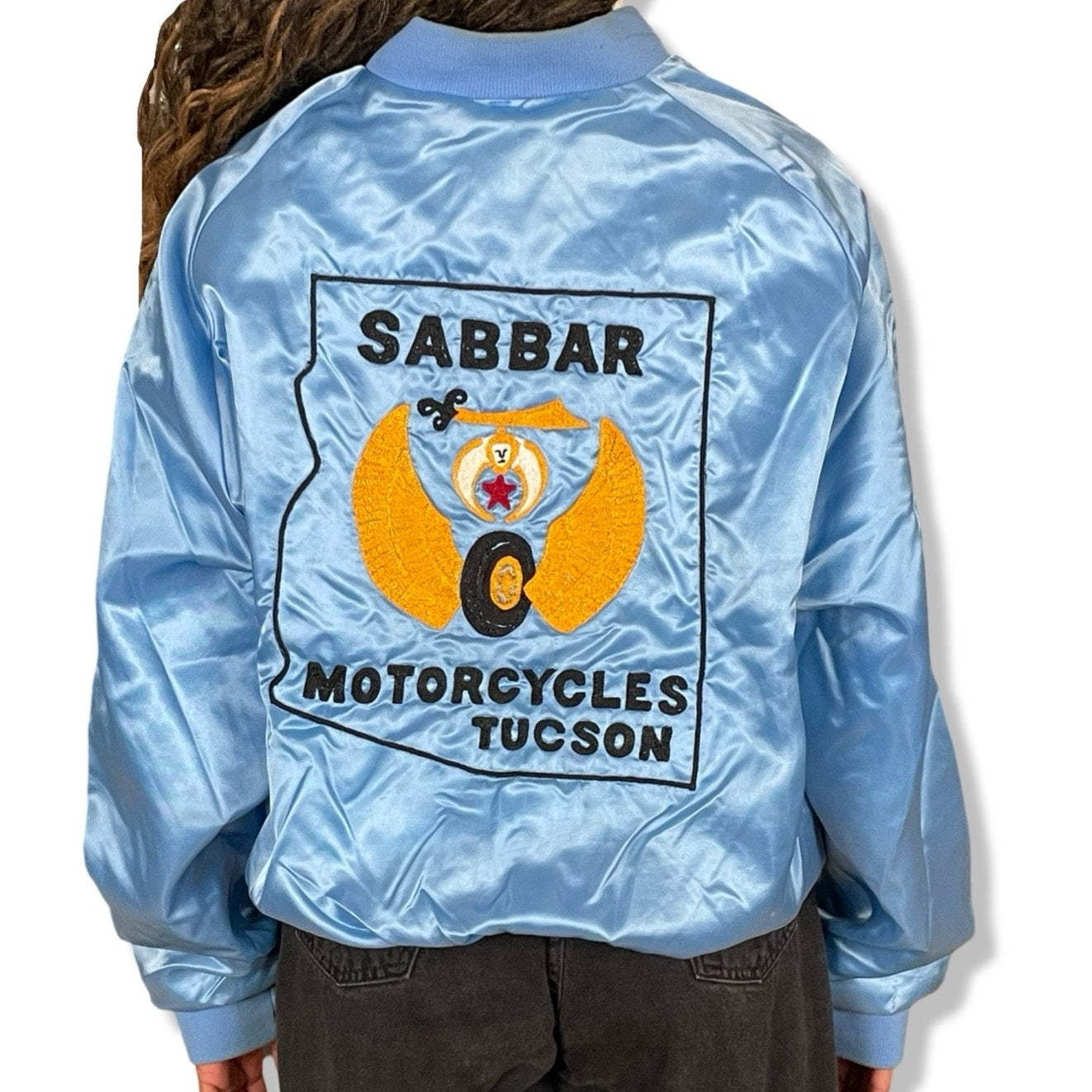 90s VTG SABBAR MOTORCYCLES TUCSON ARIZONA BABY BLUE SMITTY USA CLUB JACKET (XL)