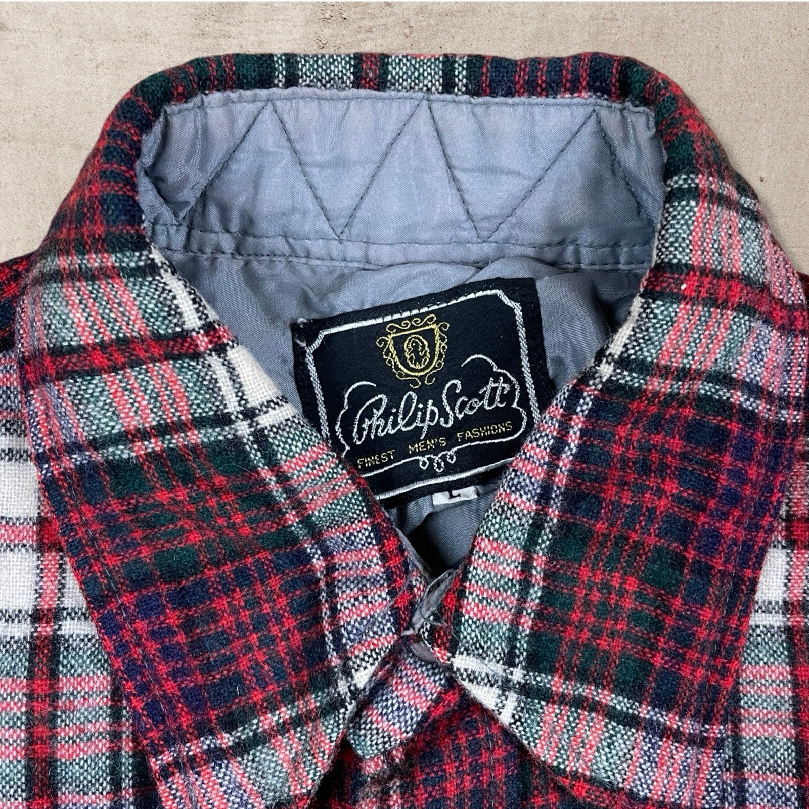 80s VTG PHILIP SCOTT WOOL WORK SHIRT FLANNEL CHECKERED USA MADE L/M