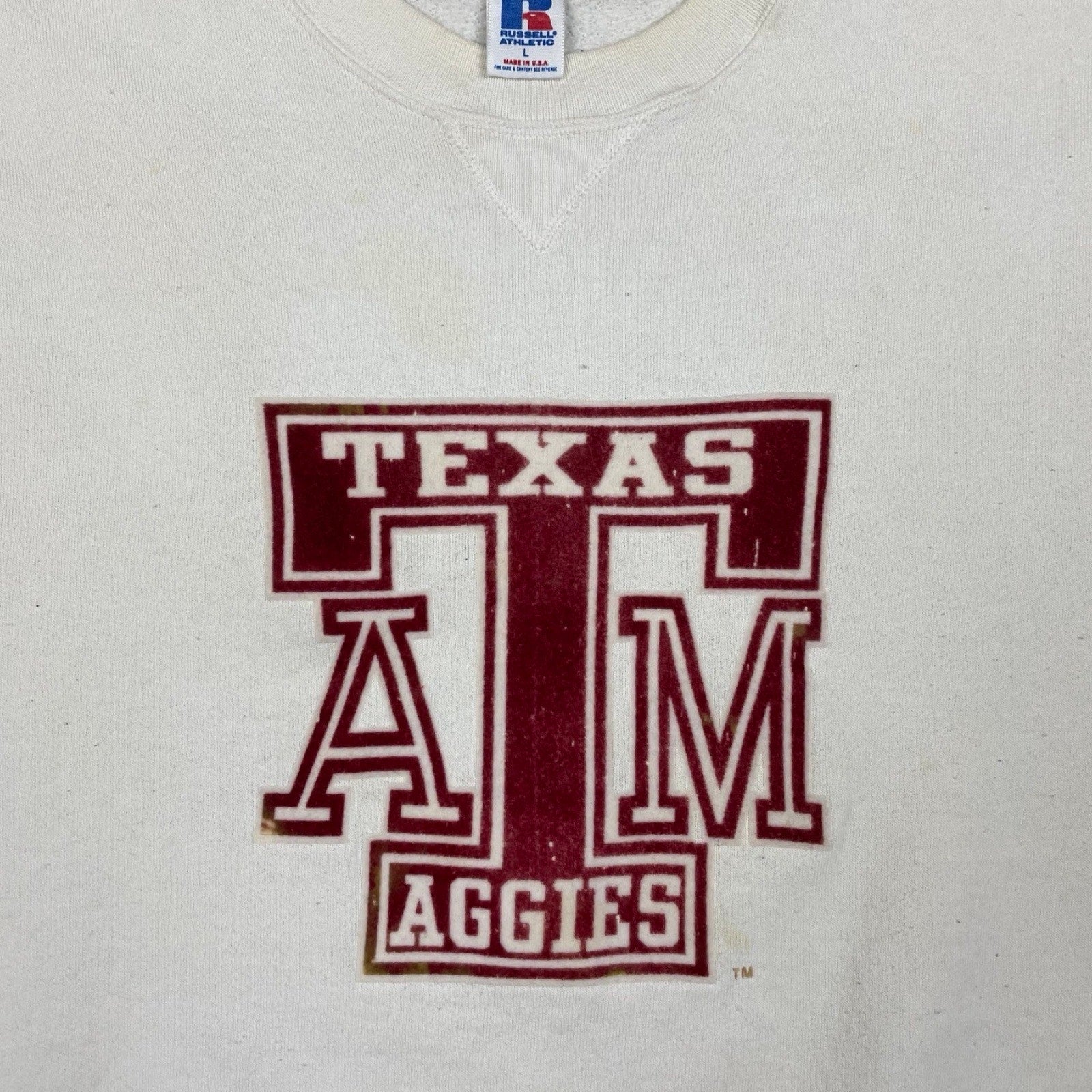 90s VTG TEXAS A&M AGGIES COLLEGE STATION UNIVERSITY RUSSELL WHITE SWEATSHIRT (L)