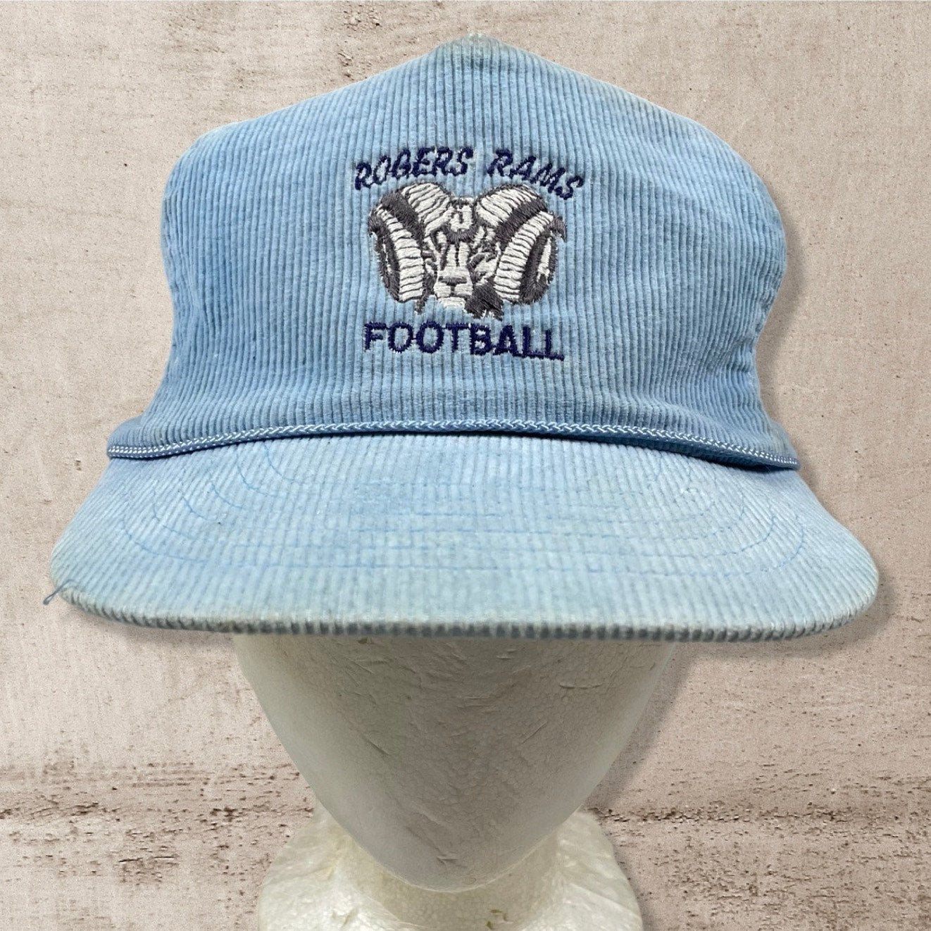 90s VTG ROGERS RAMS FOOTBALL HEADMOST BLUE CORD TRUCKER HAT CAP (OS)