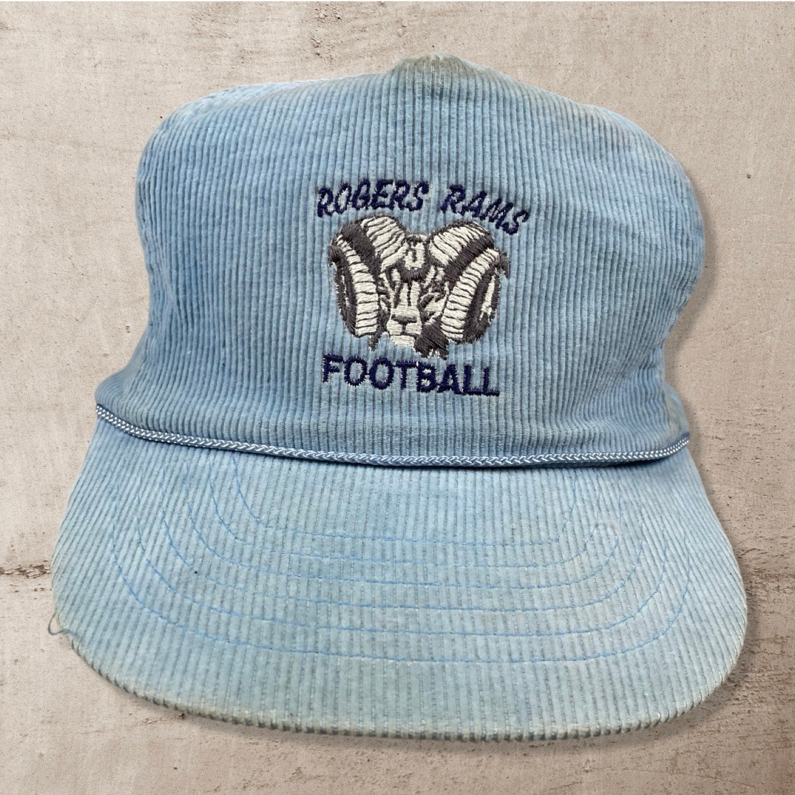 90s VTG ROGERS RAMS FOOTBALL HEADMOST BLUE CORD TRUCKER HAT CAP (OS)