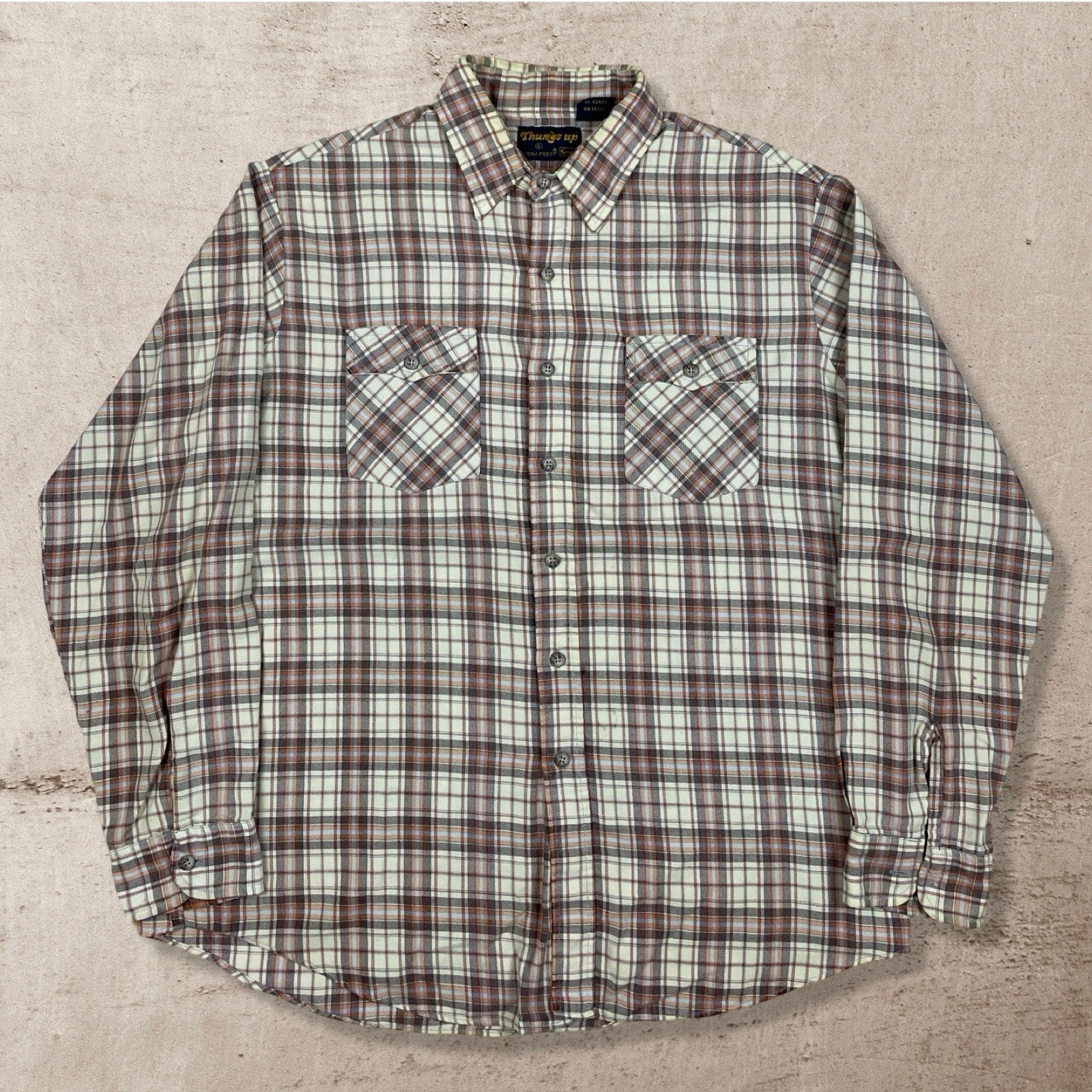 90s VTG SEARS THUMBS UP FLANNEL COTTON CHECKERED WORK SHIRT PERMANENT PRESS XL/L