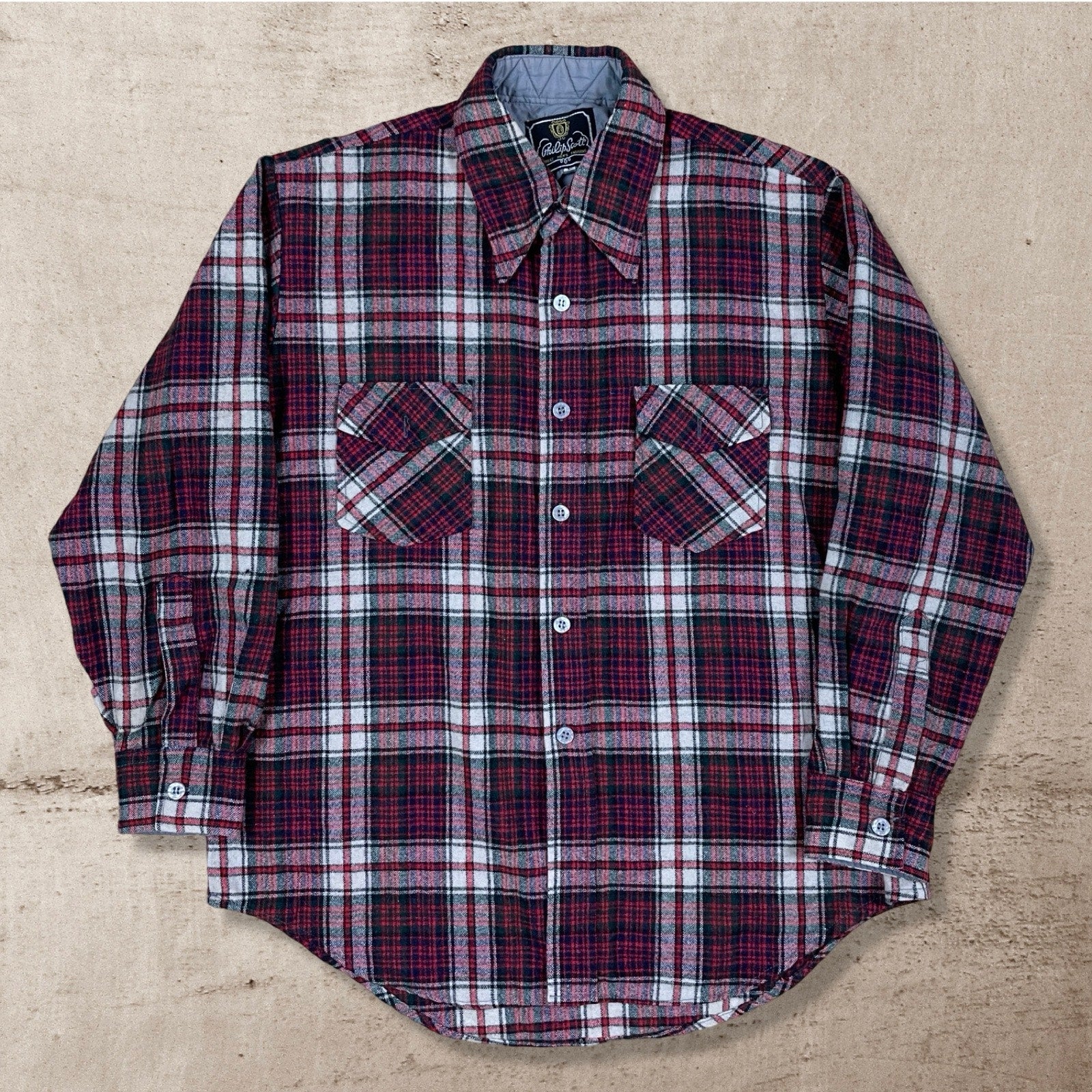 80s VTG PHILIP SCOTT WOOL WORK SHIRT FLANNEL CHECKERED USA MADE L/M