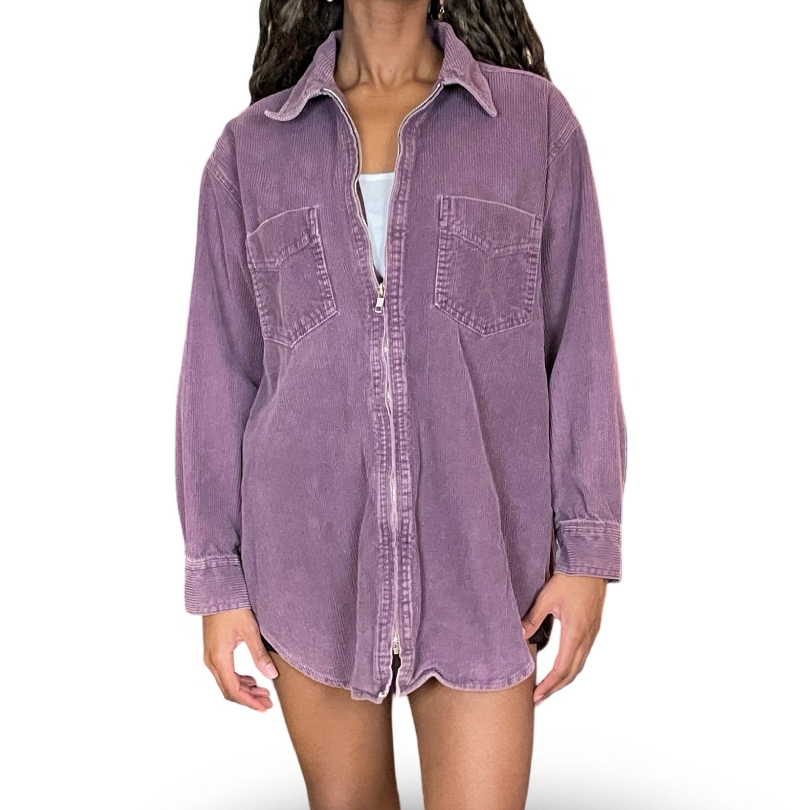 90s VTG SOHO COMPAGNIE ZIP UP CORDUROY SHIRT JACKET PURPLE (M)