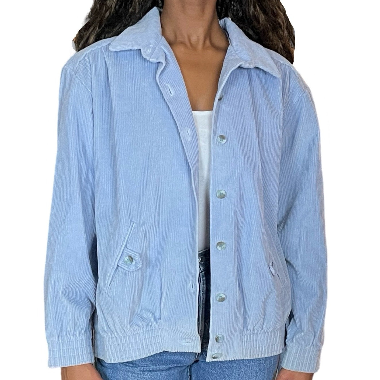 90s VTG ALFRED DUNNER BLUE CORDUROY JACKET USA MADE BUTTON-UP WOMENS (L/XL)