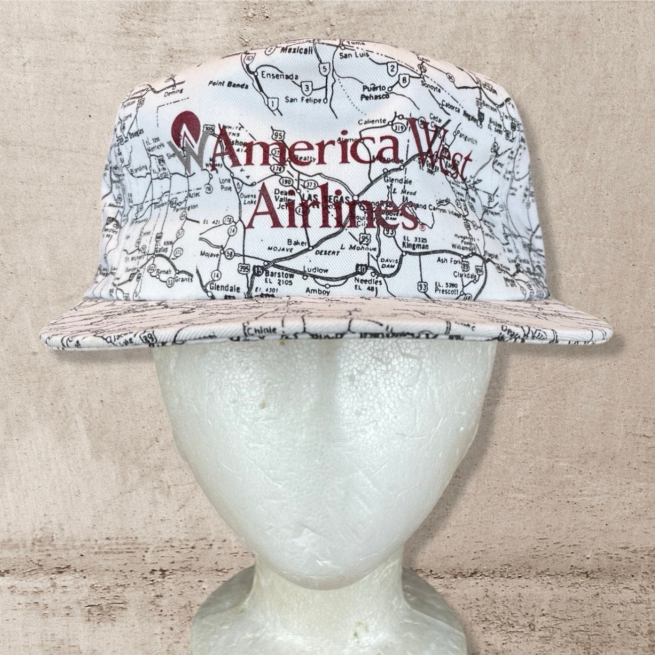 90s VTG AMERICAN AIRLINES WESTERN USA MAP AOP TRUCKER HAT CAP (OS)