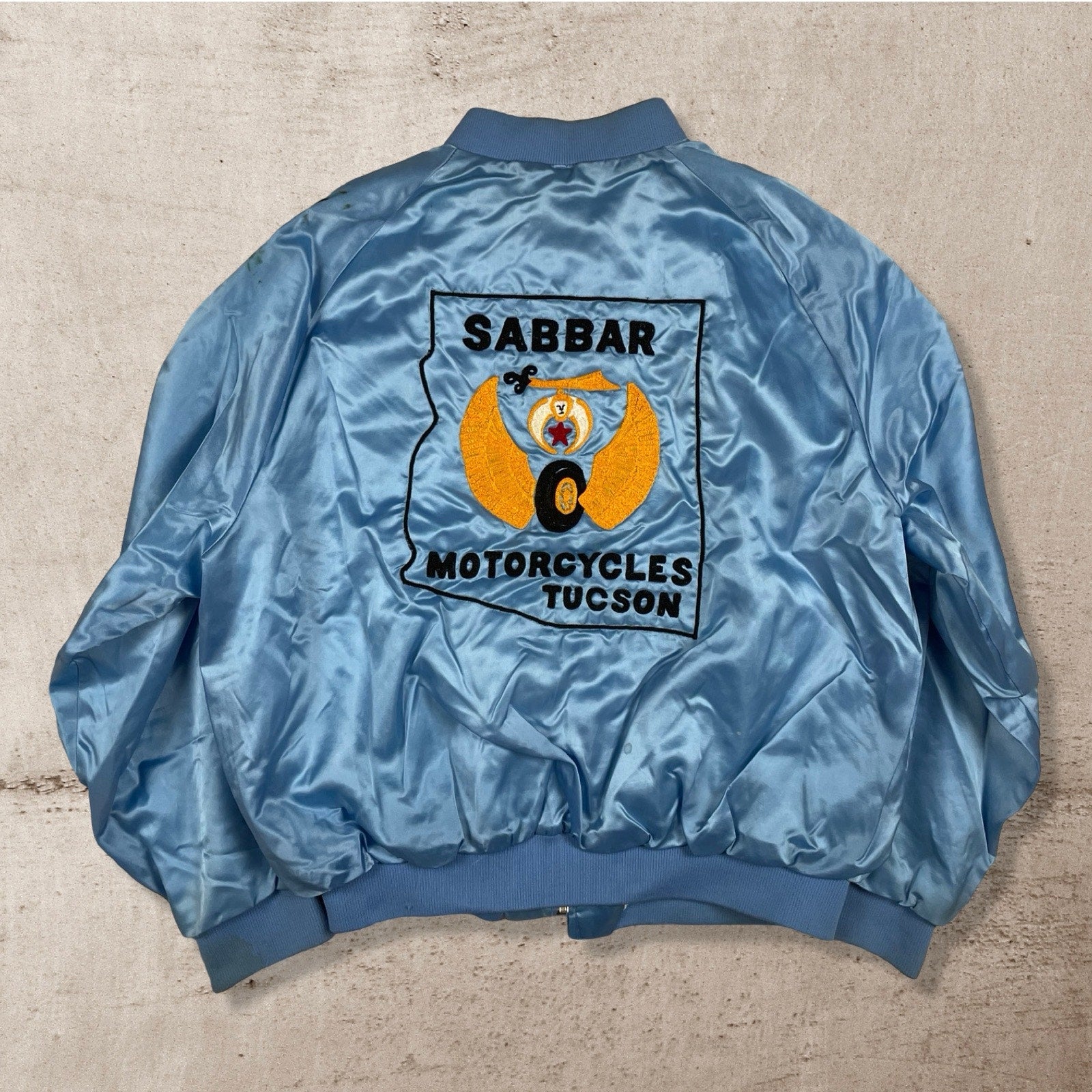 90s VTG SABBAR MOTORCYCLES TUCSON ARIZONA BABY BLUE SMITTY USA CLUB JACKET (XL)