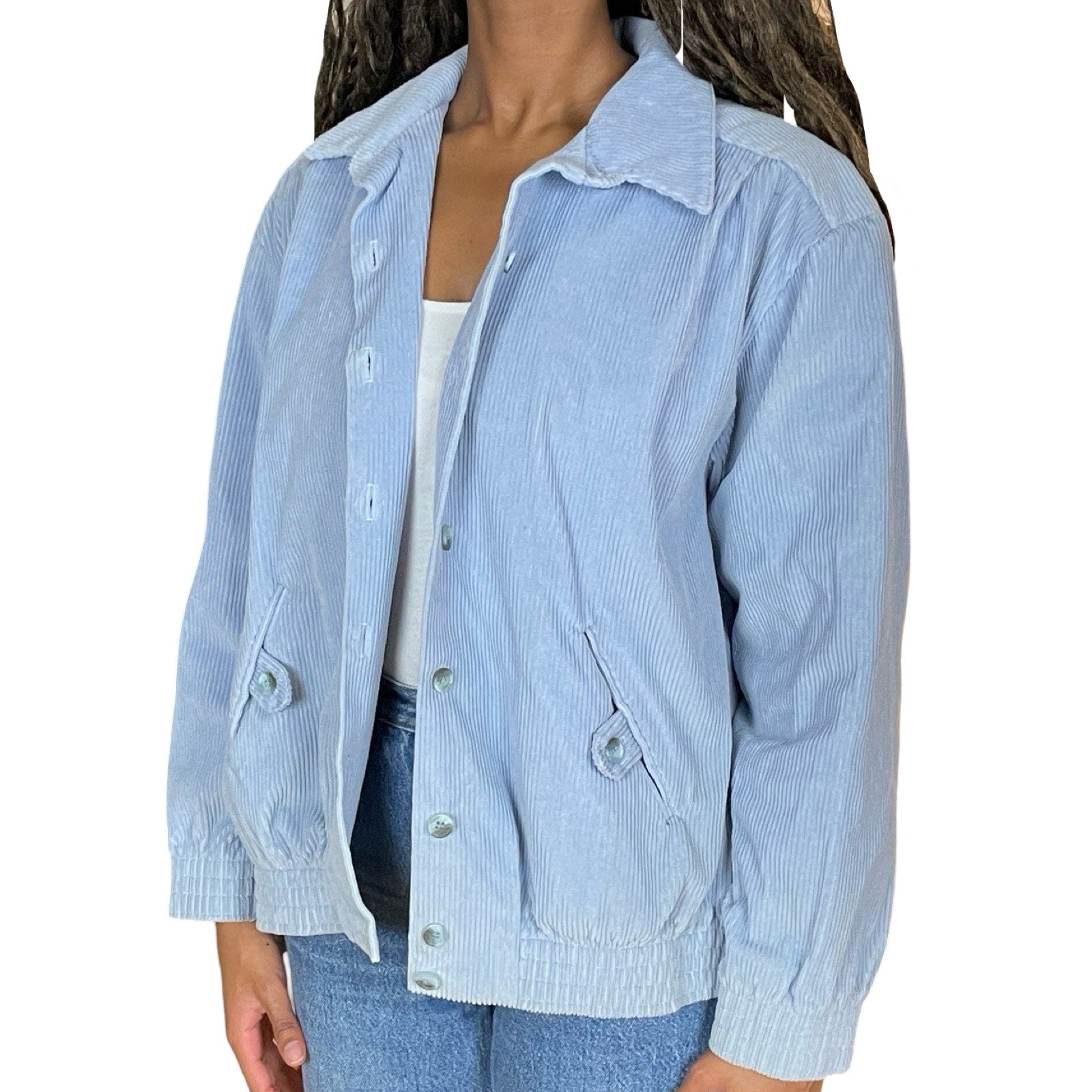 90s VTG ALFRED DUNNER BLUE CORDUROY JACKET USA MADE BUTTON-UP WOMENS (L/XL)