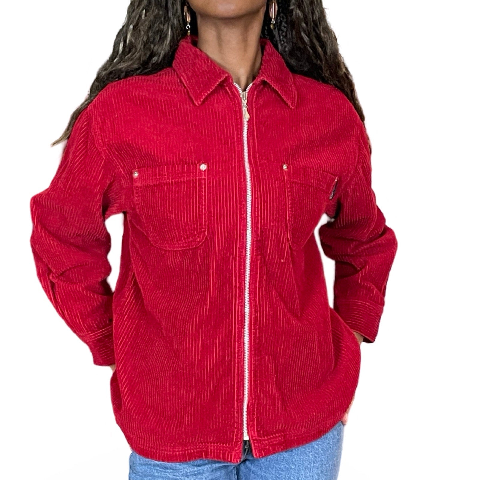 90s VTG KAREN KANE RED CORDUROY ZIP-UP JACKET CHEST POCKET WOMENS (S)