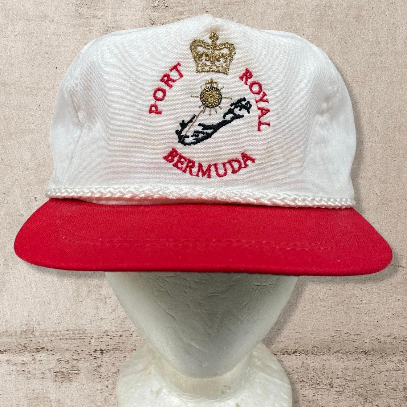 90s VTG PORT ROYAL BERMUDA IMPERIAL HEADWEAR TWO TONE WHITE RED TRUCKER HAT (OS)