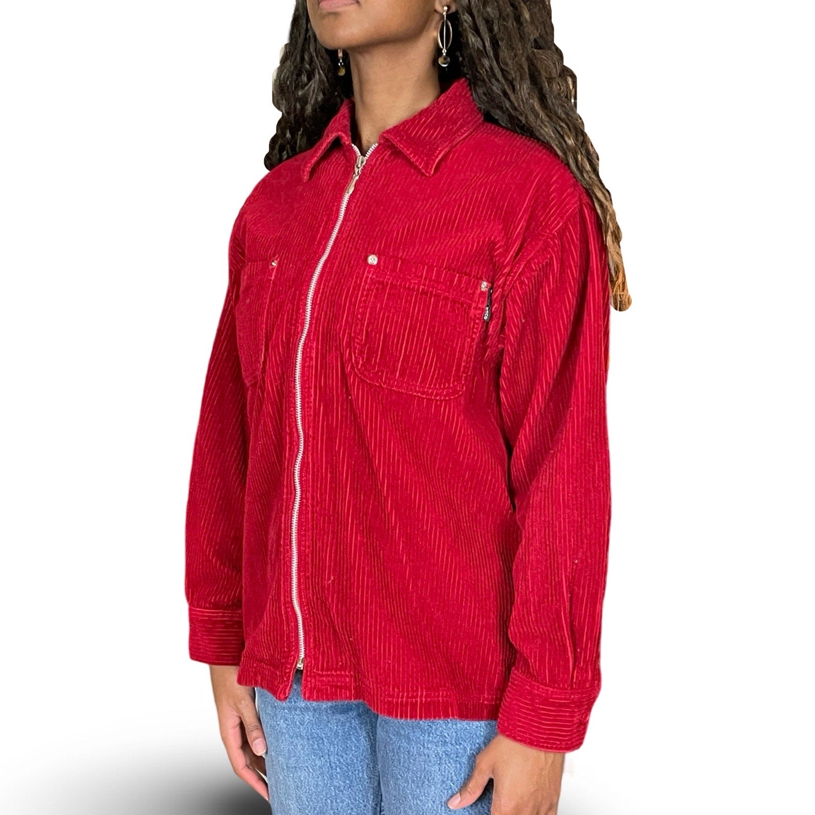 90s VTG KAREN KANE RED CORDUROY ZIP-UP JACKET CHEST POCKET WOMENS (S)