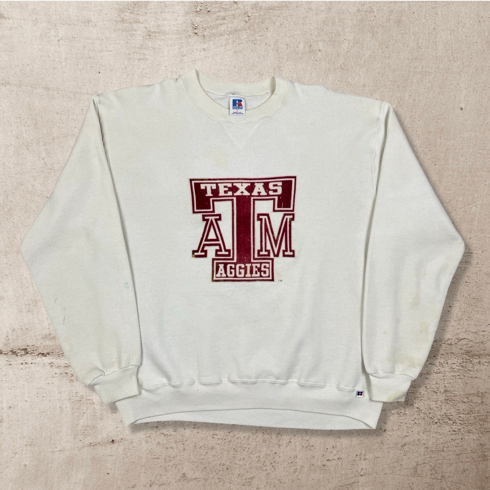 90s VTG TEXAS A&M AGGIES COLLEGE STATION UNIVERSITY RUSSELL WHITE SWEATSHIRT (L)