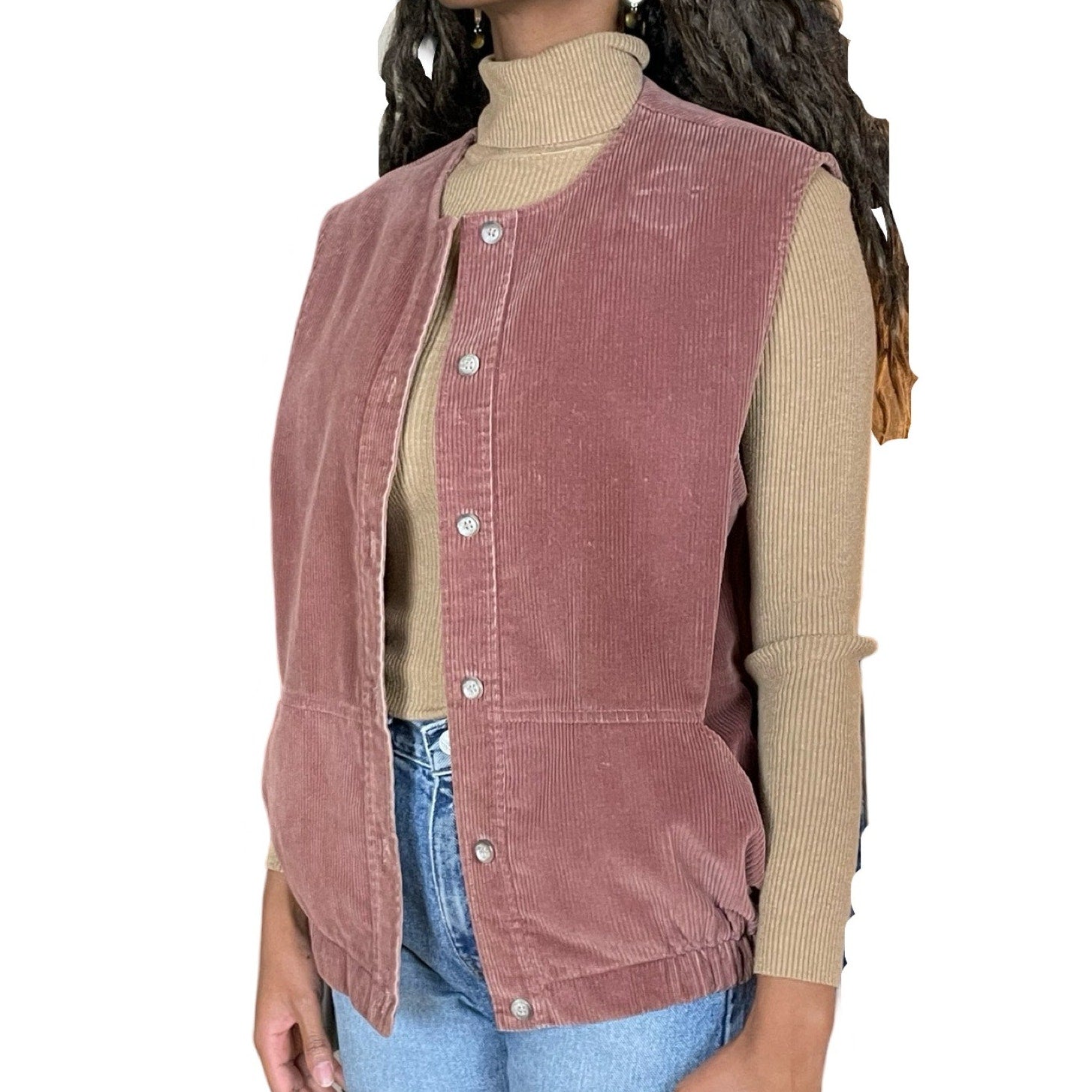 80s VTG RRRRUSS CORDUROY BUTTON-UP VEST JACKET ROSE PINK USA MADE WOMENS  (S/M)