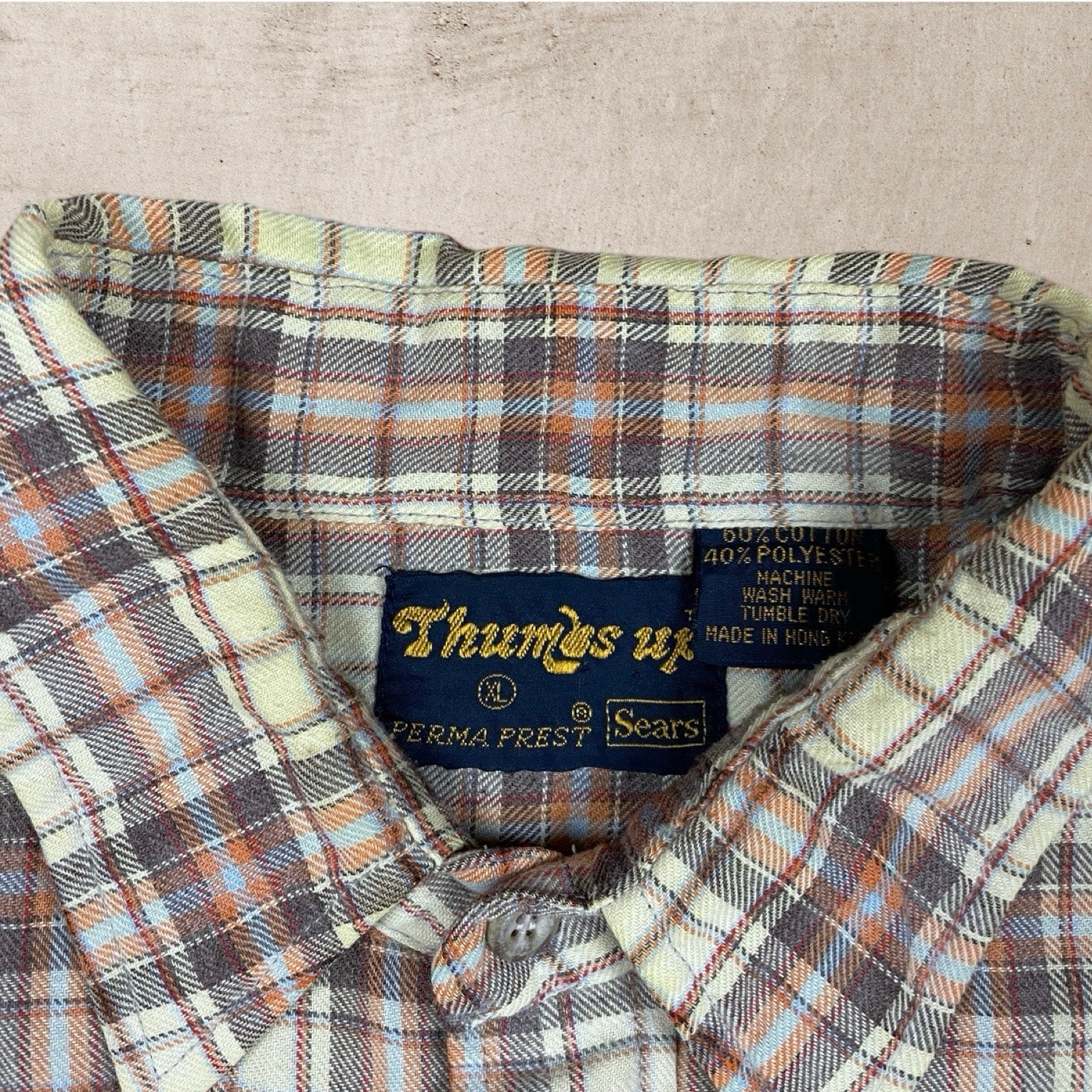 90s VTG SEARS THUMBS UP FLANNEL COTTON CHECKERED WORK SHIRT PERMANENT PRESS XL/L