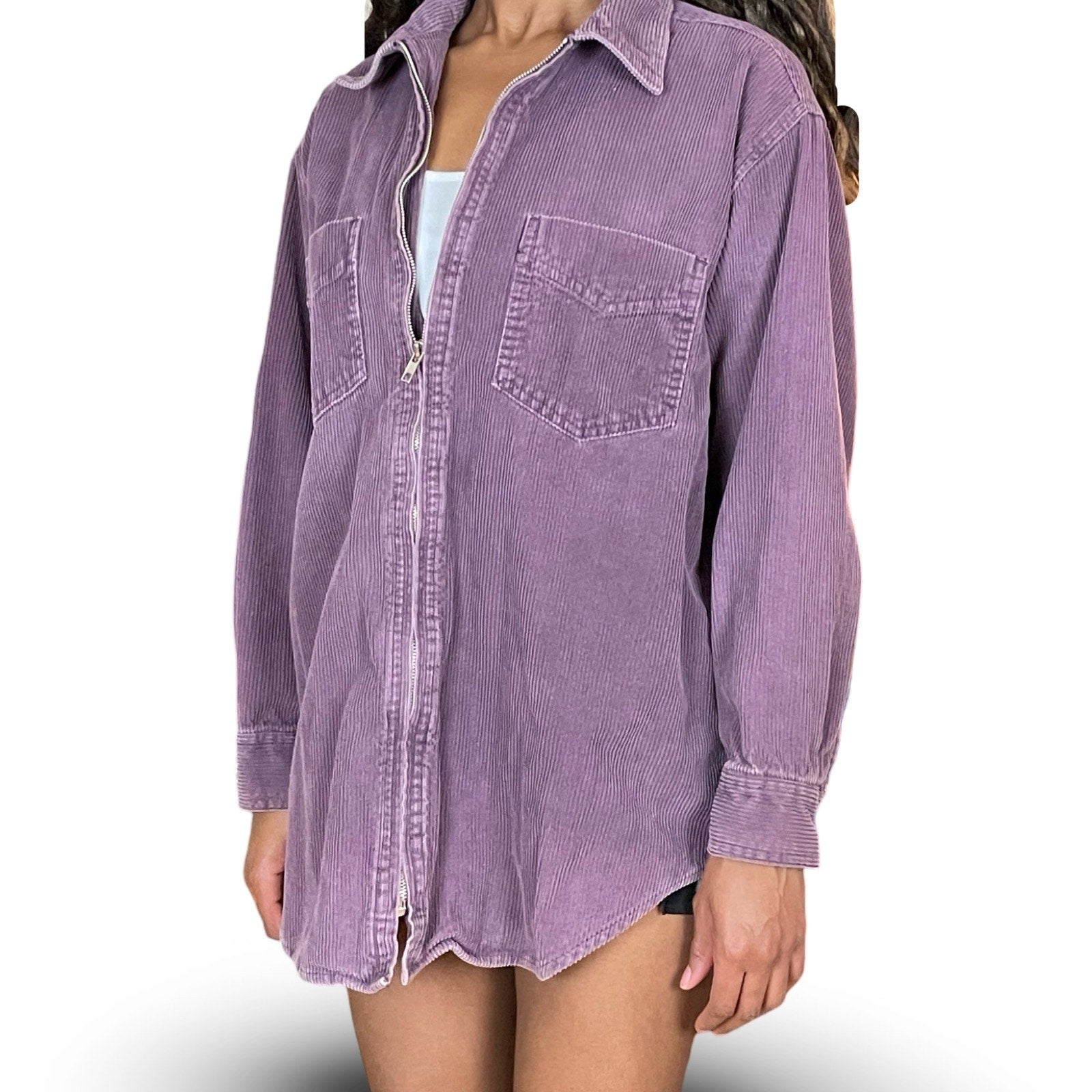 90s VTG SOHO COMPAGNIE ZIP UP CORDUROY SHIRT JACKET PURPLE (M)