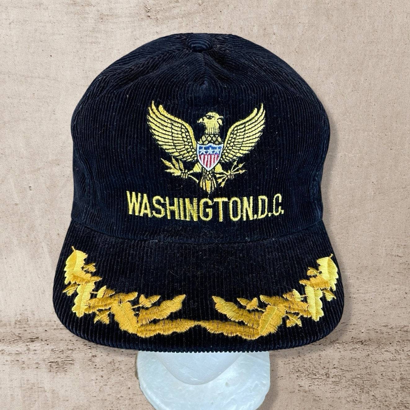 90s VTG WASHINGTON DC EAGLE USA CAPITOL BLACK CORDUROY HAT OS