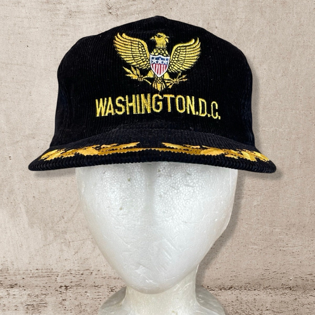 90s VTG WASHINGTON DC EAGLE USA CAPITOL BLACK CORDUROY HAT OS