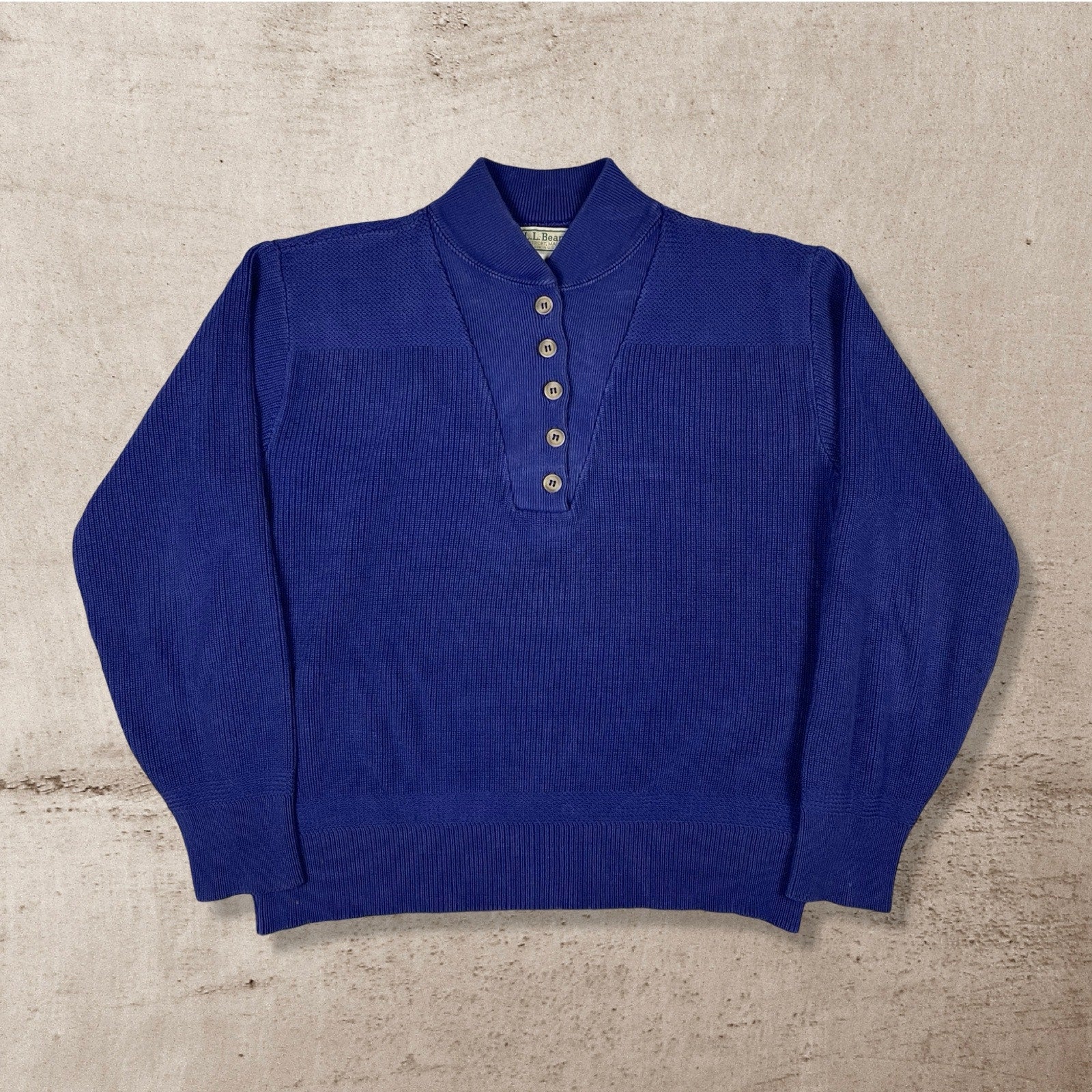 80s VTG L.L. BEAN QUARTER BUTTON KNIT SWEATER COTTON BLUE USA MADE WOMENS (L/M)