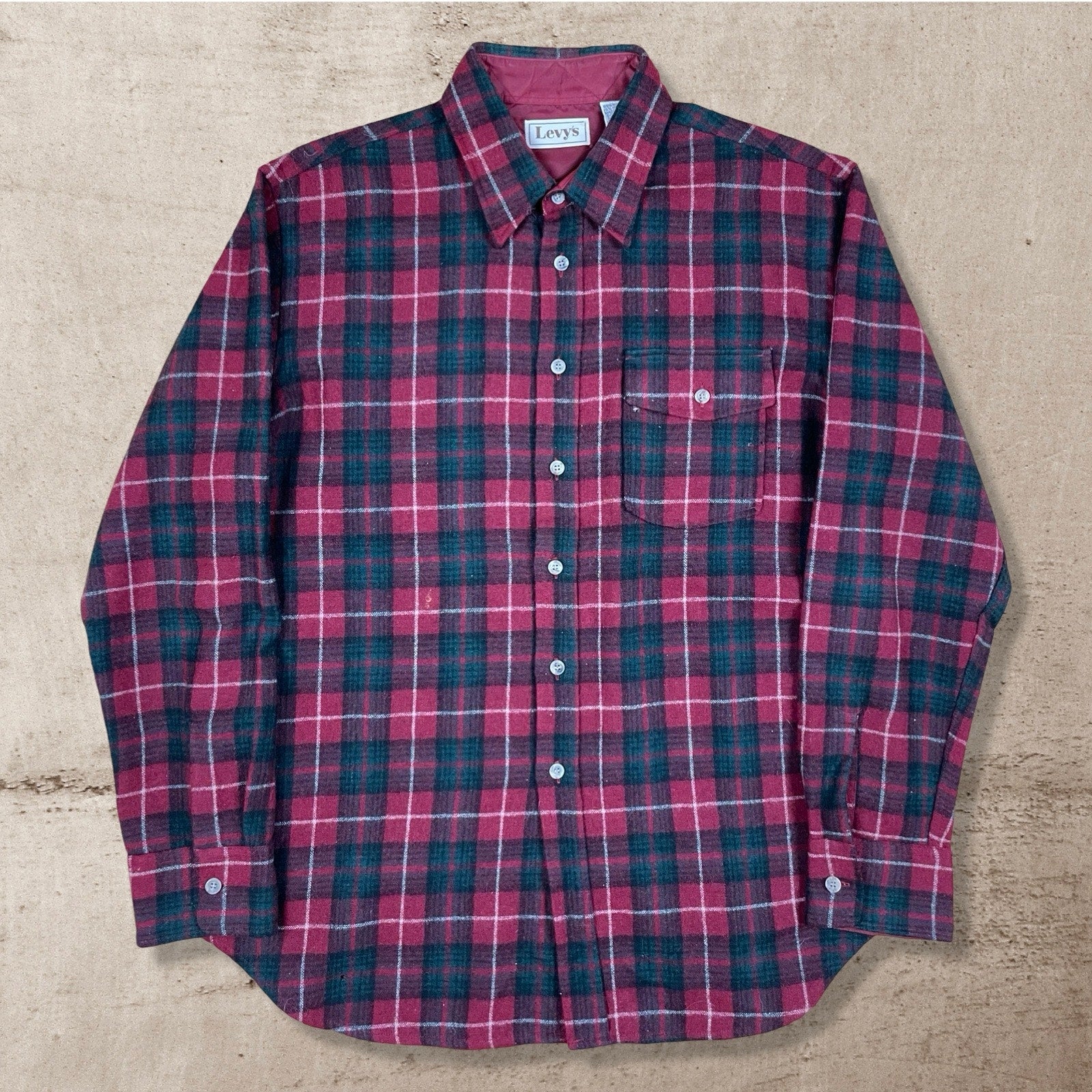 90s VTG LEVYS WOOL CHECKERED FLANNEL WORK SHIRT LIGHTLY DISTRESSED XL/L