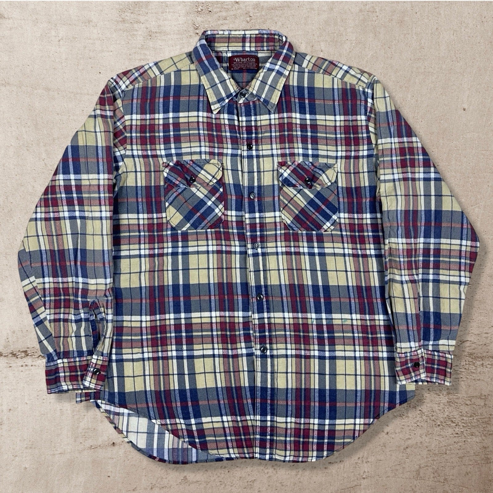 90S VTG WHARTON COTTON FLANNEL CHECKERED WORK SHIRT XL/L