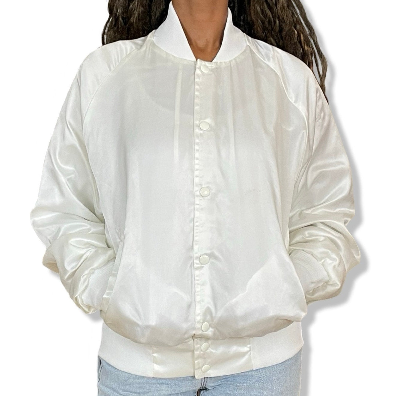 90s VTG WINDOWS TO THE KINGDOM MOROCCO USA MADE WHITLE NYLON CLUB JACKET (M)