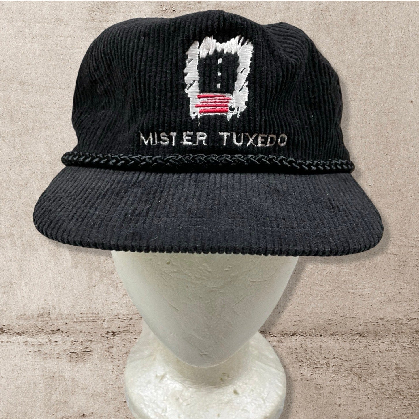 90s VTG MISTER TUXEDO SPORTSCAP SUPREME BLACK CORDUROY TRUCKER HAT CAP (OS)