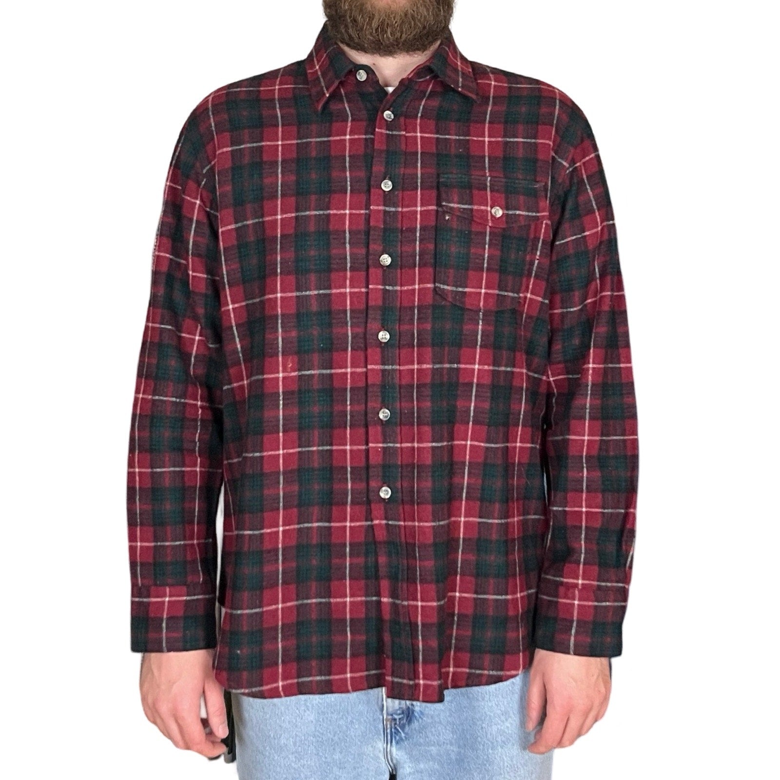 90s VTG LEVYS WOOL CHECKERED FLANNEL WORK SHIRT LIGHTLY DISTRESSED XL/L