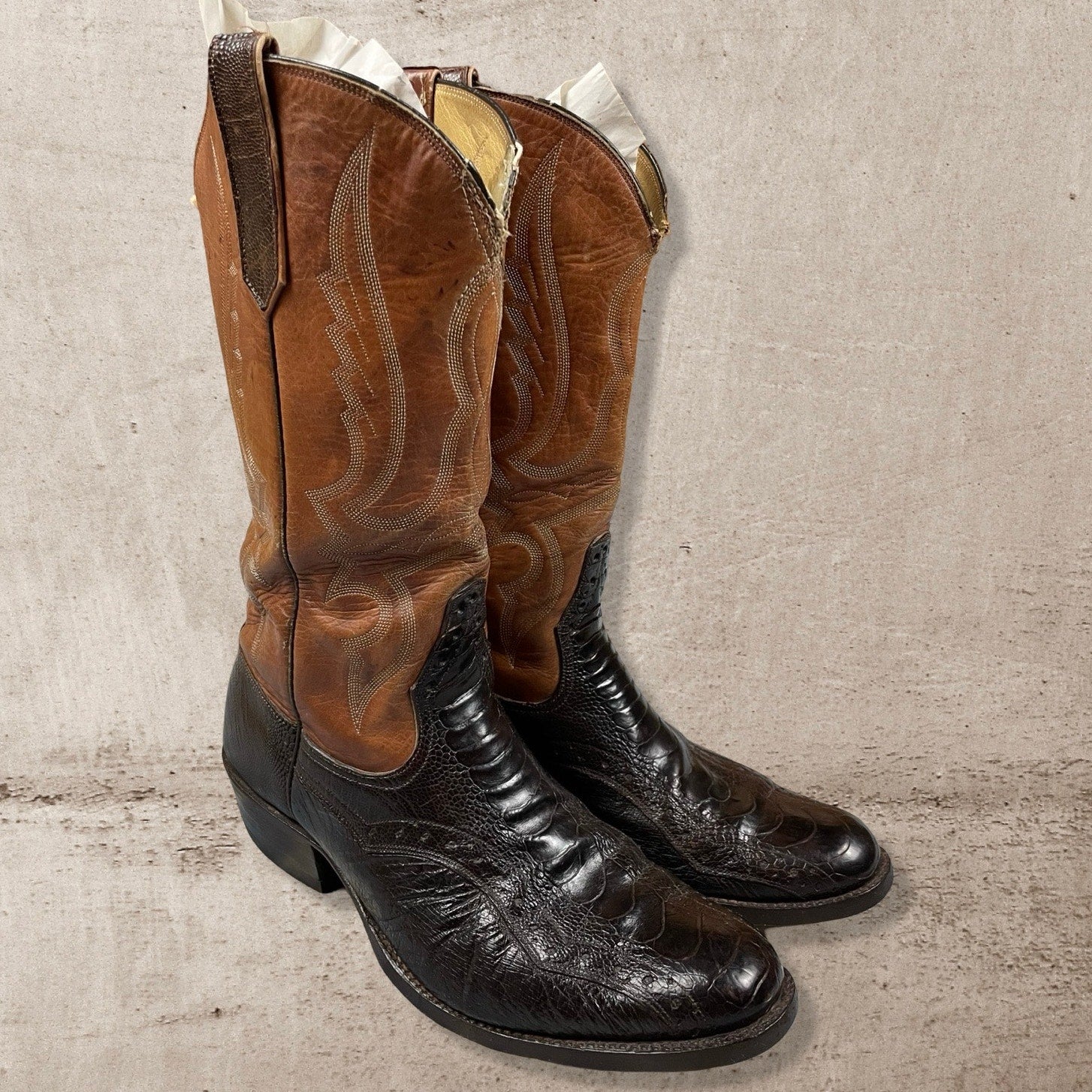 VTG RIOS OF MERCEDES OSTRICH LEG COWBOY BOOTS BLACK EXOTIC WESTERN MENS 9.5