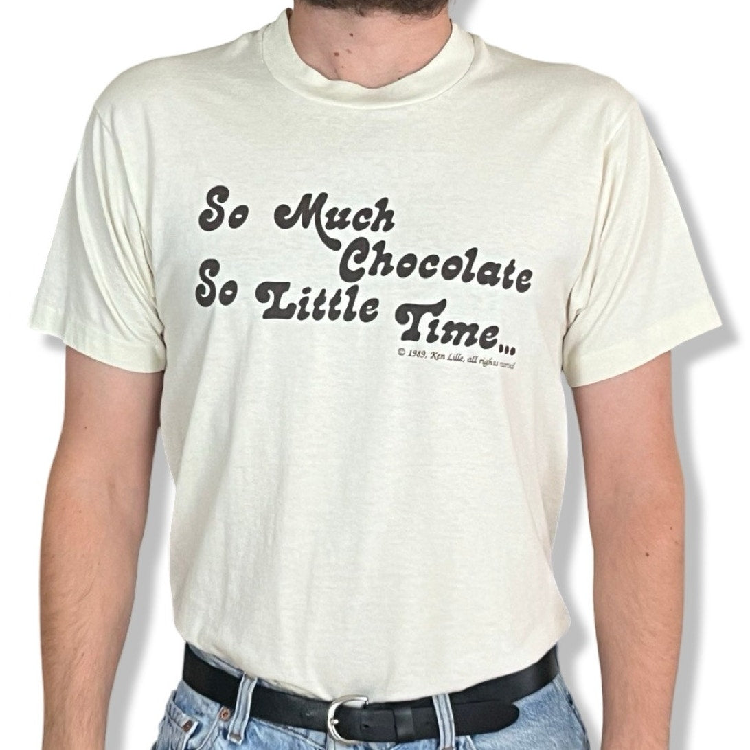 80s VTG SO MUCH CHOCOLATE SO LITTLE TIME HUMOR STATEMENT T-SHIRT L