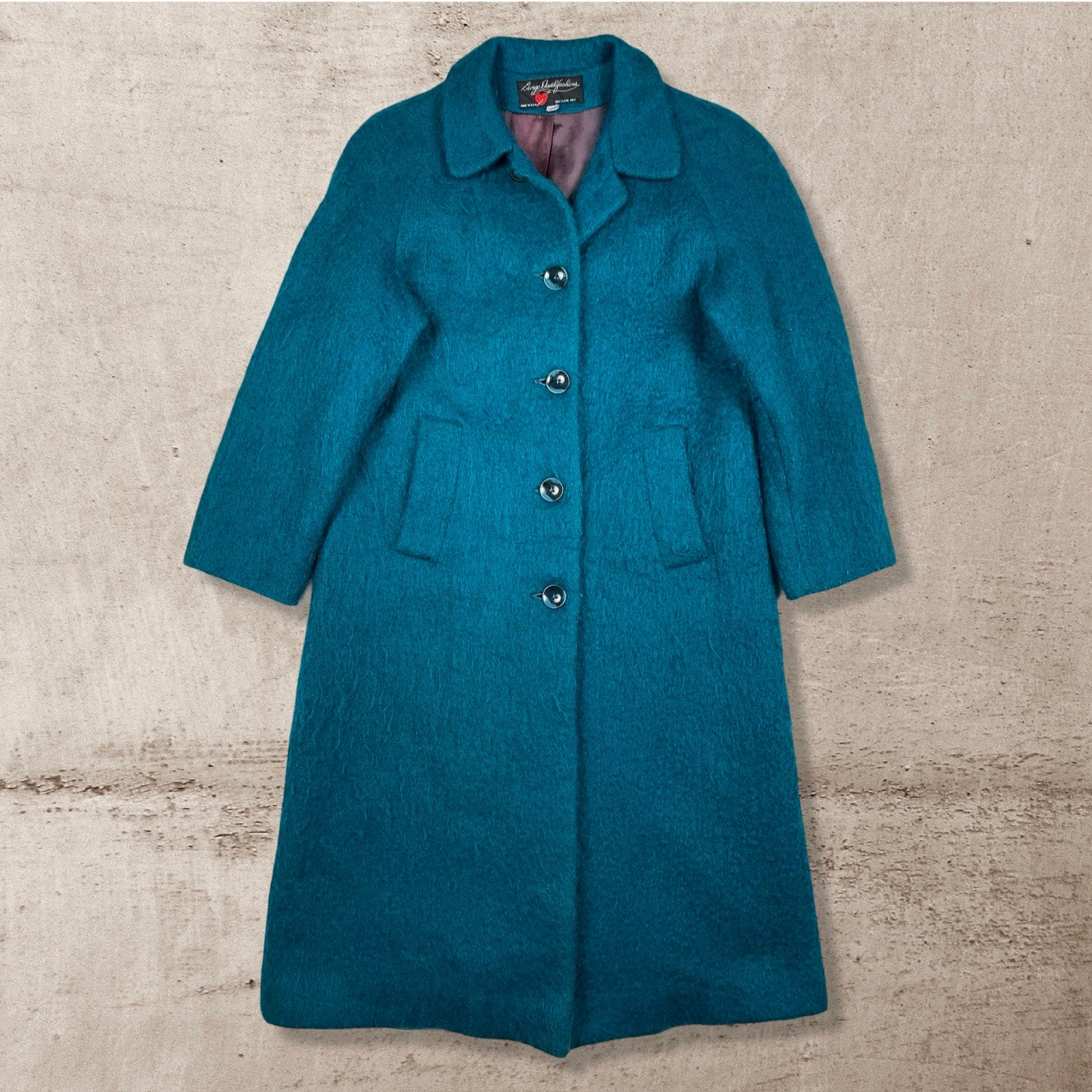 90s VTG GEORGE DAVID FASHIONS MOHAIR BLEND TEAL WOOL WINTER COAT WOMENS 4