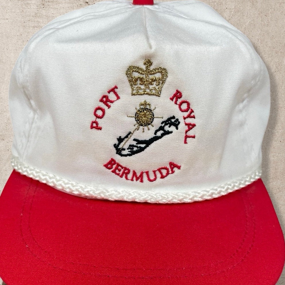 90s VTG PORT ROYAL BERMUDA IMPERIAL HEADWEAR TWO TONE WHITE RED TRUCKER HAT (OS)