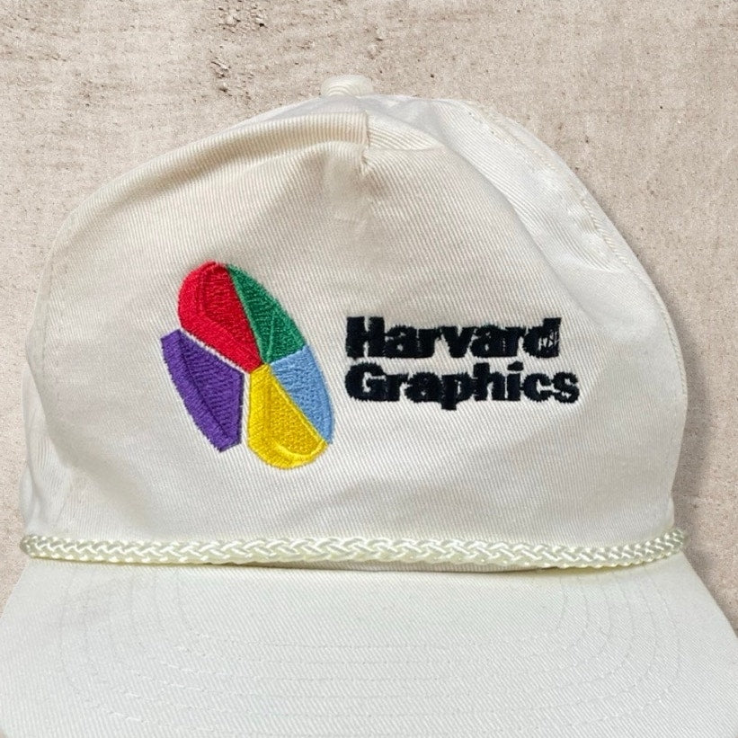 90s VTG HARVARD GRAPHICS STATISTICS TECHNOLOGY WHITE TRUCKER HAT (OS)